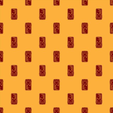 Kalp ikonuna sahip kırmızı cep telefonu kahverengi arka planda izole edilmiş pürüzsüz desen. Sevgililer Günü. Vektör İllüstrasyonu