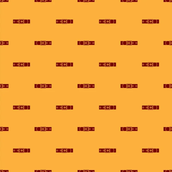 Cinto de couro vermelho com ícone de fivela de aço abotoado isolado padrão sem costura no fundo marrom. Ilustração vetorial — Vetor de Stock