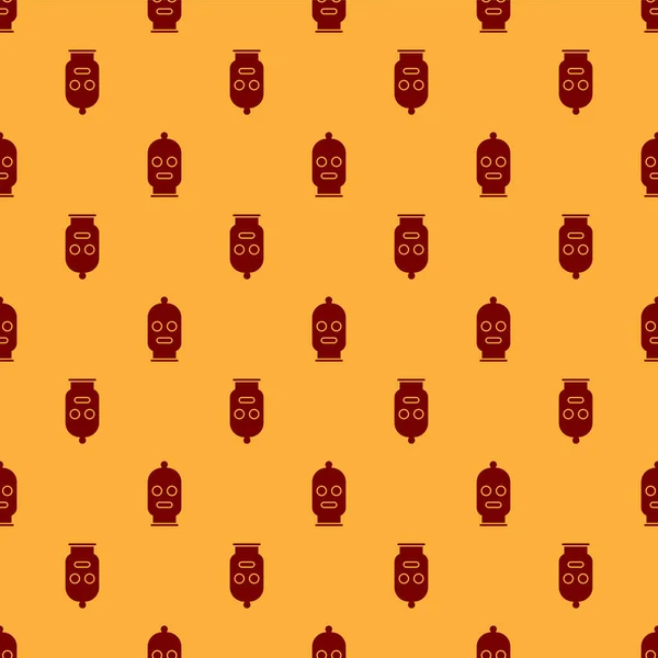 Rote Sturmhaube Symbol isoliert nahtlose Muster auf braunem Hintergrund. ein Kleidungsstück für den Wintersport oder eine Maske für einen Kriminellen oder Dieb. Vektorillustration — Stockvektor