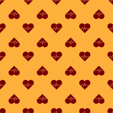 Kırmızı Kalp hızı simgesi kahverengi arka plan üzerinde izole dikişsiz desen. Kalp atışı işareti. Kalp nabız simgesi. Kardiyogram simgesi. Vektör İllüstrasyonu