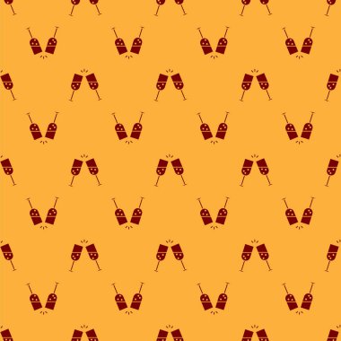 Kırmızı Cam şampanya simgesi kahverengi arka plan üzerinde izole dikişsiz desen. Vektör İllüstrasyonu