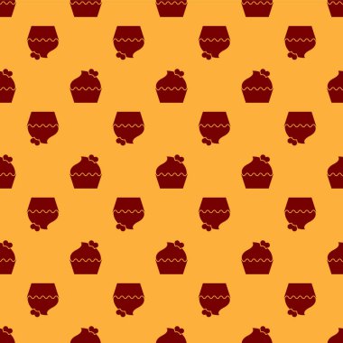 Kalp ikonlu kırmızı düğün pastası kahverengi arka planda izole edilmiş kusursuz desen. Sevgililer Günü sembolü. Vektör İllüstrasyonu