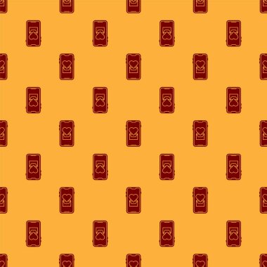 Kalp ikonuna sahip kırmızı cep telefonu kahverengi arka planda izole edilmiş pürüzsüz desen. Sevgililer Günü. Vektör İllüstrasyonu