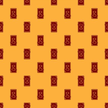 Kırmızı kelimeyi yay, cep telefonu simgesine megafon koy kahverengi arka planda pürüzsüz desen izole et. Vektör İllüstrasyonu