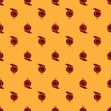 Dünya 'nın simgesini tutan kırmızı insan elleri kahverengi arka planda izole edilmiş, pürüzsüz desen. Dünya kavramını sakla. Vektör İllüstrasyonu