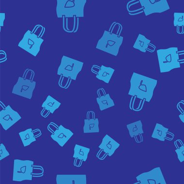 Mavi arka plan üzerinde izole dikişsiz desen geri dönüşüm simgesi ile Mavi Kağıt alışveriş çantası. Geri dönüşüm sembolü ile çanta. Vektör İllüstrasyonu