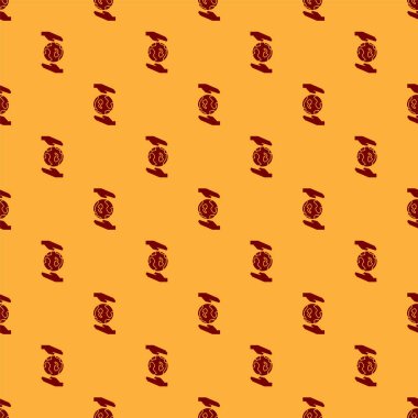 Dünya 'nın simgesini tutan kırmızı insan elleri kahverengi arka planda izole edilmiş, pürüzsüz desen. Dünya kavramını sakla. Vektör İllüstrasyonu