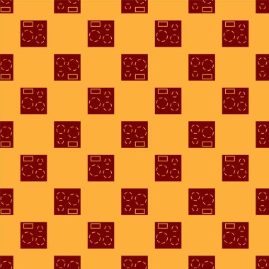 Kırmızı Elektrikli soba ikonu kahverengi arka planda pürüzsüz desen izole etti. Mutfak tabelaları. Dört daire ocağı olan bir hob. Vektör İllüstrasyonu