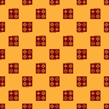 Kırmızı Gaz fırın simgesi kahverengi arka planda izole edilmiş. Mutfak tabelaları. Dört daire ocağı olan bir hob. Vektör İllüstrasyonu