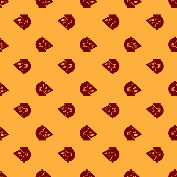 Casco de hierro medieval rojo para la cabeza icono de protección aislado patrón sin costura sobre fondo marrón. Ilustración vectorial — Vector de stock
