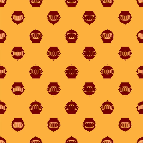 Kırmızı Ortaçağ demir miğferi, kafa koruma ikonu kahverengi arka planda izole edilmiş pürüzsüz desen. Vektör İllüstrasyonu — Stok Vektör
