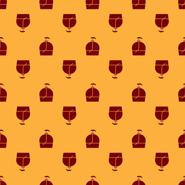 Rode fles vloeibare antibacteriële zeep met dispenser pictogram geïsoleerd naadloos patroon op bruine achtergrond. Desinfectie, hygiëne, huidverzorging. Vector Illustratie — Stockvector