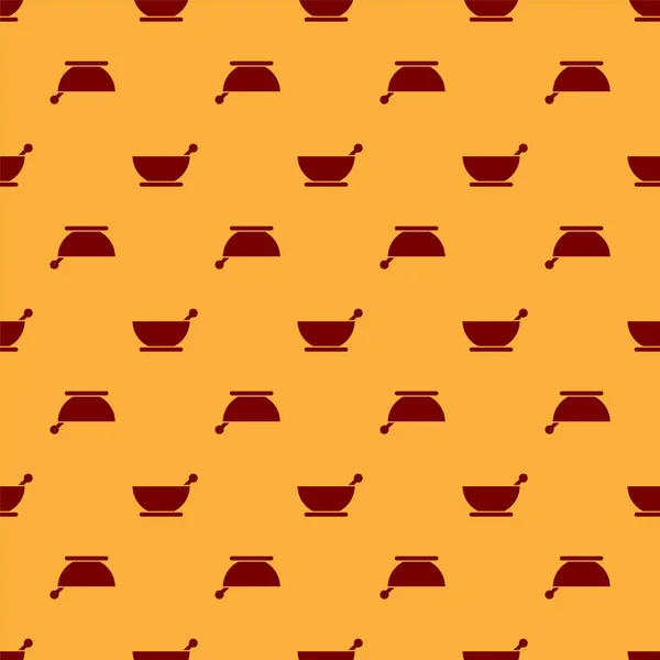 Roter Mörser und Stößel-Symbol isoliert nahtlose Muster auf braunem Hintergrund. Vektorillustration — Stockvektor
