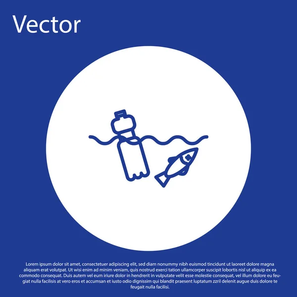 Linha azul O problema da poluição do ícone do oceano isolado no fundo azul. O lixo, plástico, sacos no mar. Botão de círculo branco. Ilustração vetorial — Vetor de Stock