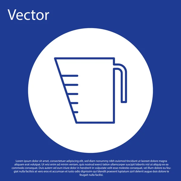 Blaue Linie Messbecher zur Messung von trockenen und flüssigen Lebensmitteln auf blauem Hintergrund. Kunststoff-Becher mit Henkel. Weißer Kreis-Knopf. Vektorillustration — Stockvektor