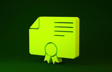 Yeşil arkaplanda sarı sertifika şablon simgesi izole edildi. Başarı, ödül, diploma, burs, diploma. İş başarısı sertifikası Minimalizm kavramı. 3d illüstrasyon 3B canlandırma