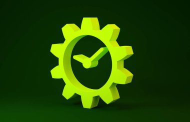 Sarı Zaman Yönetimi simgesi yeşil arkaplanda izole edildi. Saat ve vites tabelası. Minimalizm kavramı. 3d illüstrasyon 3d canlandırma