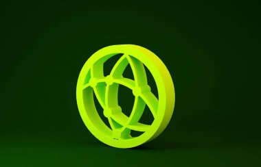 Sarı Küresel teknoloji veya sosyal ağ simgesi yeşil arka planda izole edildi. Minimalizm kavramı. 3d illüstrasyon 3B canlandırma