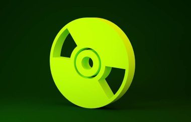 Yeşil arkaplanda izole edilmiş sarı CD veya DVD disk simgesi. Küçük disk işareti. Minimalizm kavramı. 3d illüstrasyon 3B canlandırma
