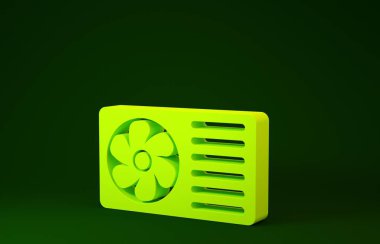 Yeşil arka planda temiz hava ikonu olan sarı klima. Sistemin havalandırmasını böl. Soğuk ve soğuk iklim kontrol sistemi. Minimalizm kavramı. 3d illüstrasyon 3d canlandırma