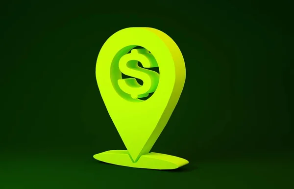 Yellow Cash location pin icon isolated on green background. Pointer and dollar symbol. Money location icon. Business and investment concept. Minimalism concept. 3d illustration 3D render — 스톡 사진