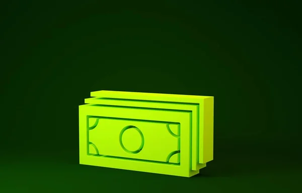 옐로우 스택 지폐 아이콘 녹색 배경에 분리. 돈은 모아 둔 돈이야. 빌 화폐. 미니멀리즘의 개념입니다. 3d 삽화 3D 렌더링 — 스톡 사진
