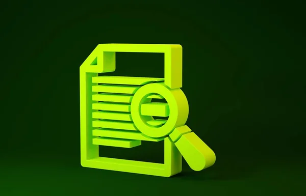 Yellow Document with search icon isolated on green background. File and magnifying glass icon. Analytics research sign. Minimalism concept. 3d illustration 3D render — Stock Photo, Image