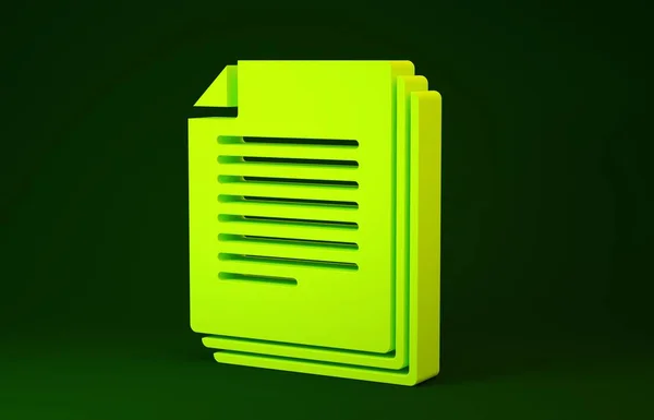 Yellow Document icon isolated on green background. File icon. Checklist icon. Business concept. Minimalism concept. 3d illustration 3D render