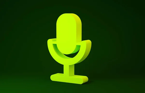 Icona del microfono giallo isolato su sfondo verde. Sul microfono radio in onda. Segnale di altoparlante. Concetto minimalista. Illustrazione 3d rendering 3D — Foto Stock