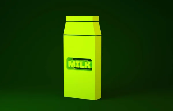 Yeşil arka planda izole edilmiş süt simgesi için sarı kağıt paketi. Süt paketi işareti. Minimalizm kavramı. 3d illüstrasyon 3B canlandırma — Stok fotoğraf