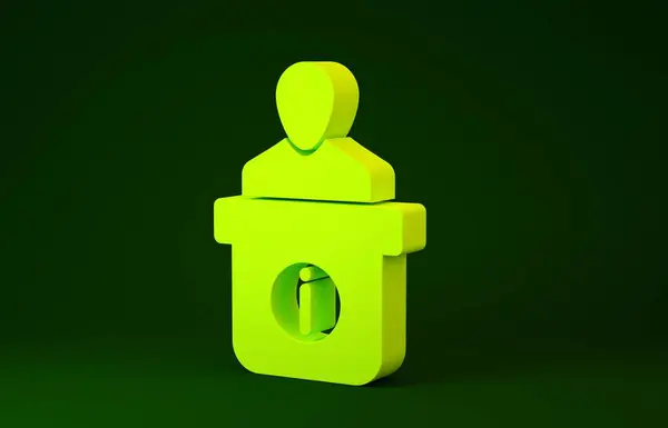 Icono de escritorio amarillo aislado sobre fondo verde. Hombre silueta de pie en el mostrador de información. Símbolo de ayuda. Contador de información. Concepto minimalista. 3D ilustración 3D render — Foto de Stock