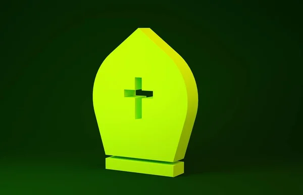 Cappello Papa Giallo icona isolata su sfondo verde. Segno di cappello cristiano. Concetto minimalista. Illustrazione 3d rendering 3D — Foto Stock