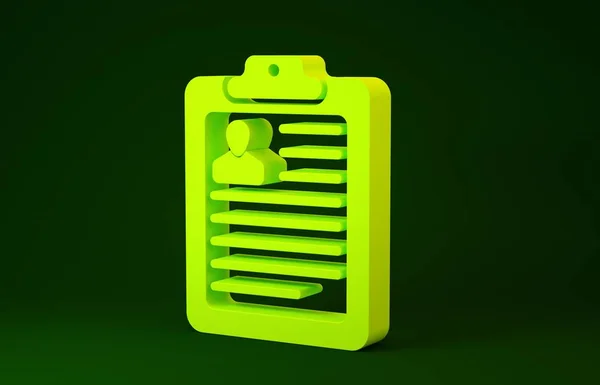 Portapapeles amarillo con icono de CV aislado sobre fondo verde. Aplicación CV. Curriculum vitae, formulario de solicitud de empleo con foto de perfil. Concepto minimalista. 3D ilustración 3D render — Foto de Stock