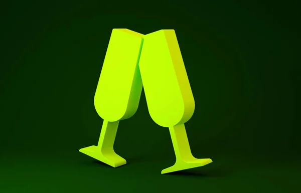 Yellow Glasses of champagne icon isolated on green background. Minimalism concept. 3d illustration 3D render — Stockfoto