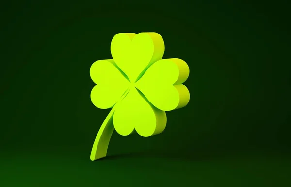 Icona quadrifoglio giallo isolato su sfondo verde. Buon San Patrizio. Concetto minimalista. Illustrazione 3d rendering 3D — Foto Stock