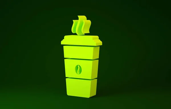 Icono de taza de café amarillo aislado sobre fondo verde. taza de café desechable con café caliente. Concepto minimalista. 3D ilustración 3D render — Foto de Stock
