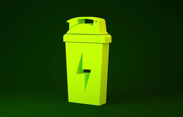 Icona dello shaker fitness giallo isolato su sfondo verde. Flacone sport shaker con coperchio per cocktail di acqua e proteine. Concetto minimalista. Illustrazione 3d rendering 3D — Foto Stock