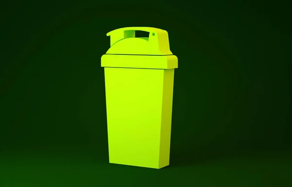 Gelbes Fitness Shaker Symbol isoliert auf grünem Hintergrund. Sport-Shakerflasche mit Deckel für Wasser und Proteincocktails. Minimalismus-Konzept. 3D Illustration 3D Renderer — Stockfoto