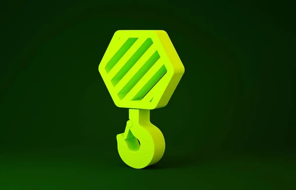 Жовтий промисловий значок гака ізольований на зеленому тлі. Значок гачка крана. Концепція мінімалізму. 3D ілюстрація 3D рендеринга — стокове фото