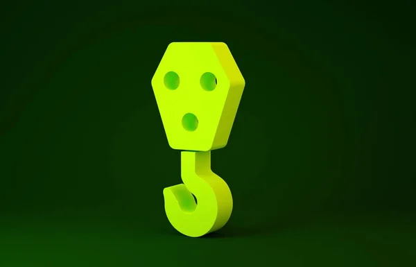 Gelbes Industriehaken-Symbol isoliert auf grünem Hintergrund. Kranhaken-Symbol. Minimalismus-Konzept. 3D Illustration 3D Renderer — Stockfoto