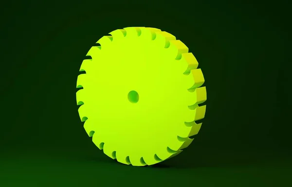 Icono de hoja de sierra circular amarilla aislado sobre fondo verde. Rueda de sierra. Concepto minimalista. 3D ilustración 3D render — Foto de Stock