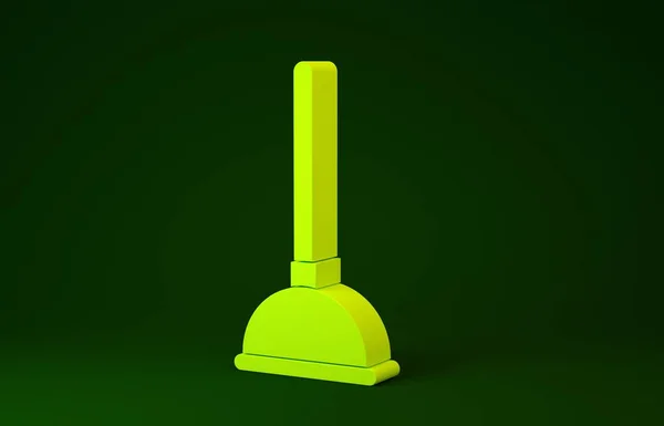 緑の背景に隔離されたパイプクリーニングアイコンのための木製のハンドルを持つ黄色のラバープランジャー。トイレのプランジャー。最小限の概念。3Dイラスト3Dレンダリング — ストック写真