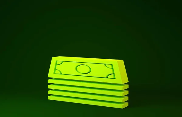 Gele stapels papiergeld cash icoon geïsoleerd op groene achtergrond. Bankbiljetten stapelen zich op. Wisselgeld. Minimalisme concept. 3d illustratie 3D renderen — Stockfoto