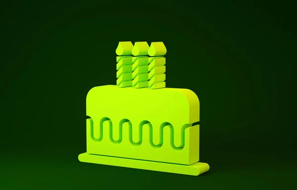 Tarta amarilla con icono de velas encendidas aisladas sobre fondo verde. Feliz Cumpleaños. Concepto minimalista. 3D ilustración 3D render — Foto de Stock