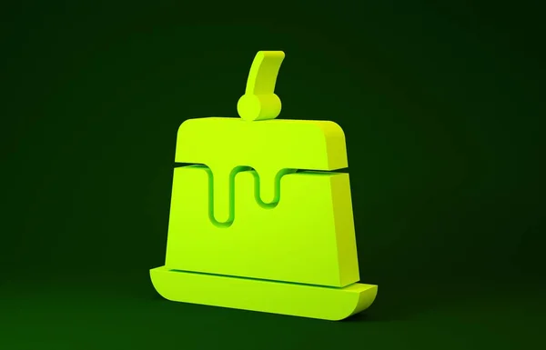 Žlutý pudink s karamelovou glazurní ikonou izolovaný na zeleném pozadí. Minimalismus. 3D ilustrace 3D vykreslení — Stock fotografie
