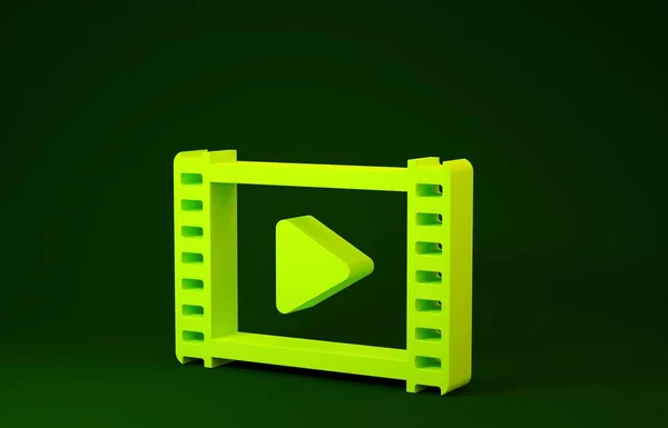 Yellow Play Ícone de vídeo isolado no fundo verde. Tira de filme com sinal de jogo. Conceito de minimalismo. 3D ilustração 3D render — Fotografia de Stock
