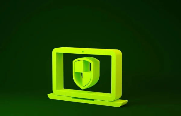 Yellow Laptop protected with shield icon isolated on green background. Internet security. PC security, firewall technology, privacy safety. Minimalism concept. 3d illustration 3D render — Stockfoto