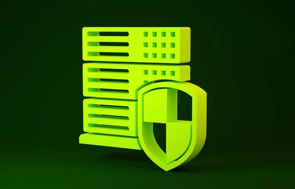 Yellow Server with shield icon isolated on green background. Protection against attacks. Network firewall, router, switch or server, data. Minimalism concept. 3d illustration 3D render — Stockfoto