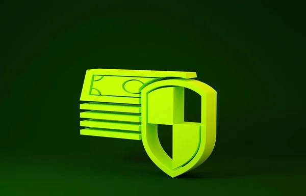 緑の背景に隔離された黄色のお金の保護アイコン。金融セキュリティ、銀行口座の保護、詐欺防止、安全なお金の取引。最小限の概念。3Dイラスト3Dレンダリング — ストック写真