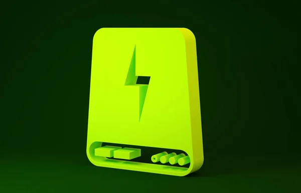 Ícone do banco de energia amarelo isolado no fundo verde. Dispositivo de carregamento portátil. Conceito de minimalismo. 3D ilustração 3D render — Fotografia de Stock